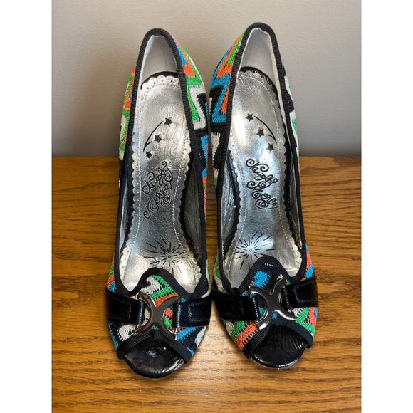 Naughty Monkey Women's Moroccan Strut Pump Black Orange Peep Toe Y2K Size 7.5 - Picture 2 of 8